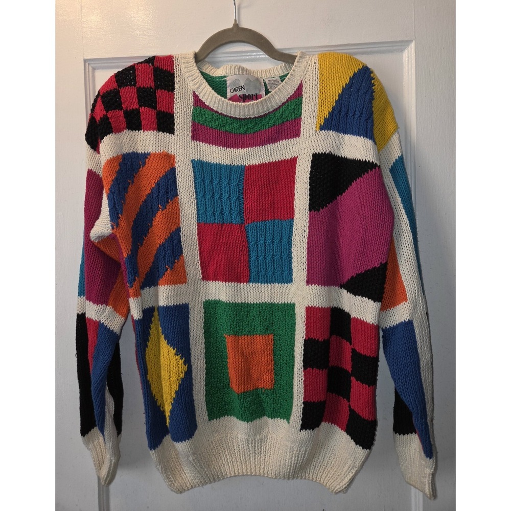 Vintage 80's Caren Sport Multicolor Colorblock Print Knit Pullover Sweater M